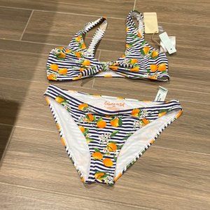 Cabana Del Sol Women Orange Print Stripes Blue Bathing Suit Bikini Size Large